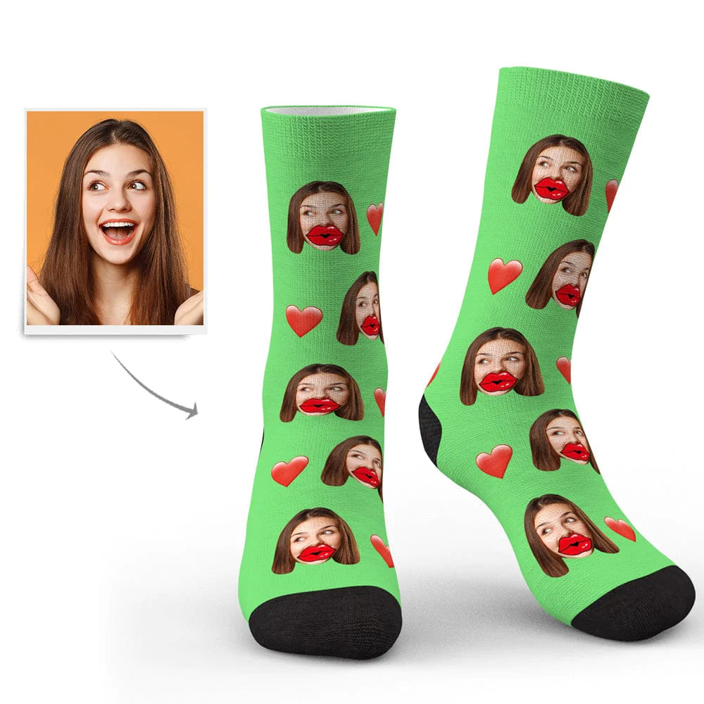 Custom Face Socks Personalized Unisex Socks with Heart and Red Lips