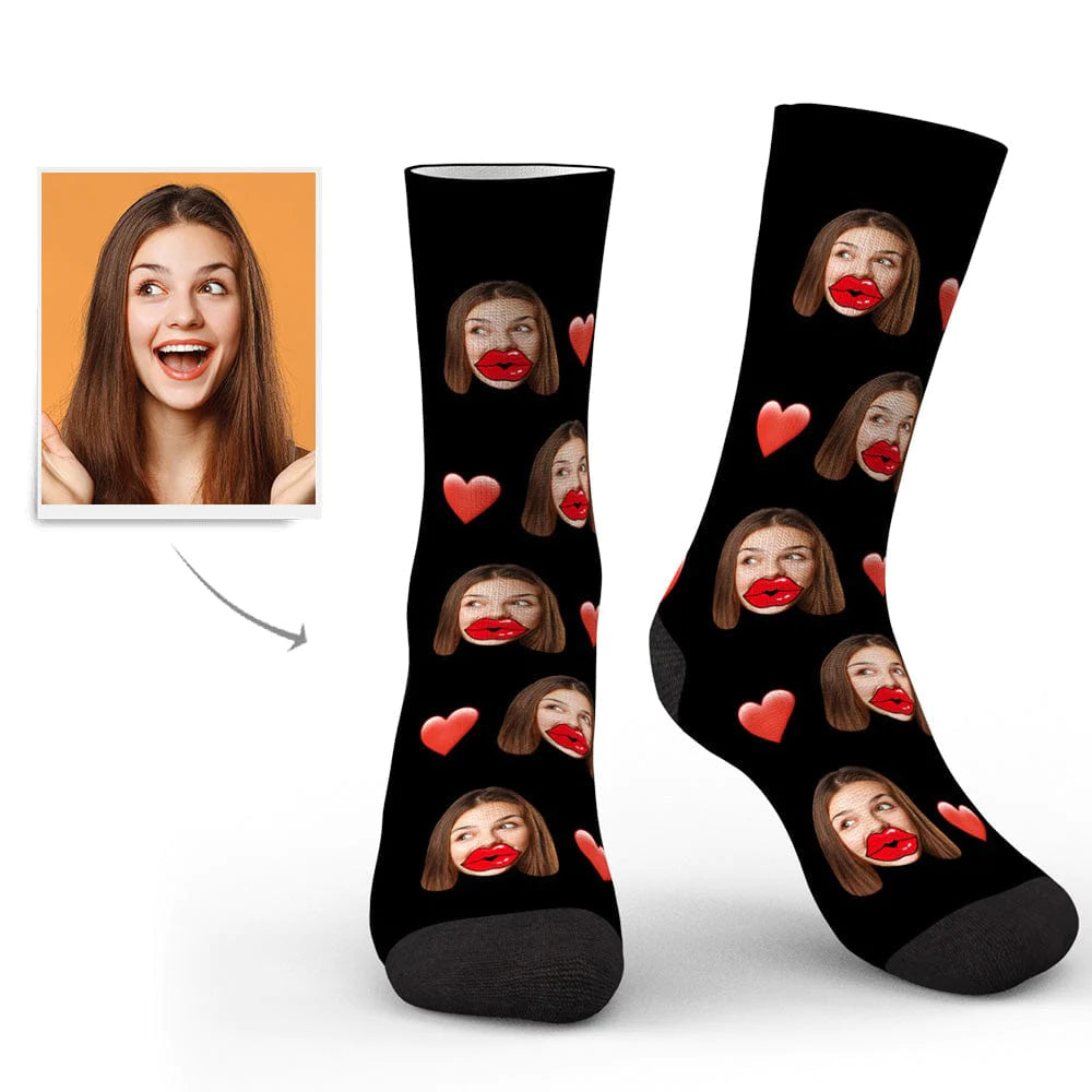 Custom Face Socks Personalized Unisex Socks with Heart and Red Lips